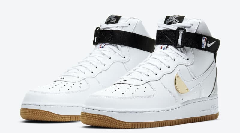 Pánské bílé tenisky Nike Air Force 1 High NBA Pack White Black Grey Gold CT2306-100 kožené a vysoké kotníkové boty a obuv Nike