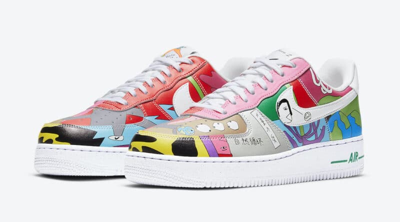 Pánské barevné tenisky Ruohan Wang x Nike Air Force 1 Flyleather White Multi Color CZ3990-900 nízké kožené boty a obuv Nike AF1