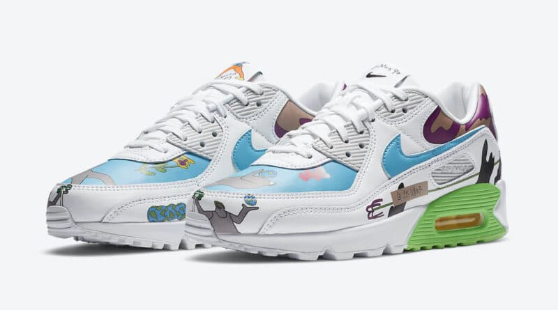 Pánské bílé tenisky Ruohan Wang x Nike Air Max 90 Flyleather White Multi Color CZ3992-900 nízké kožené boty a obuv Nike