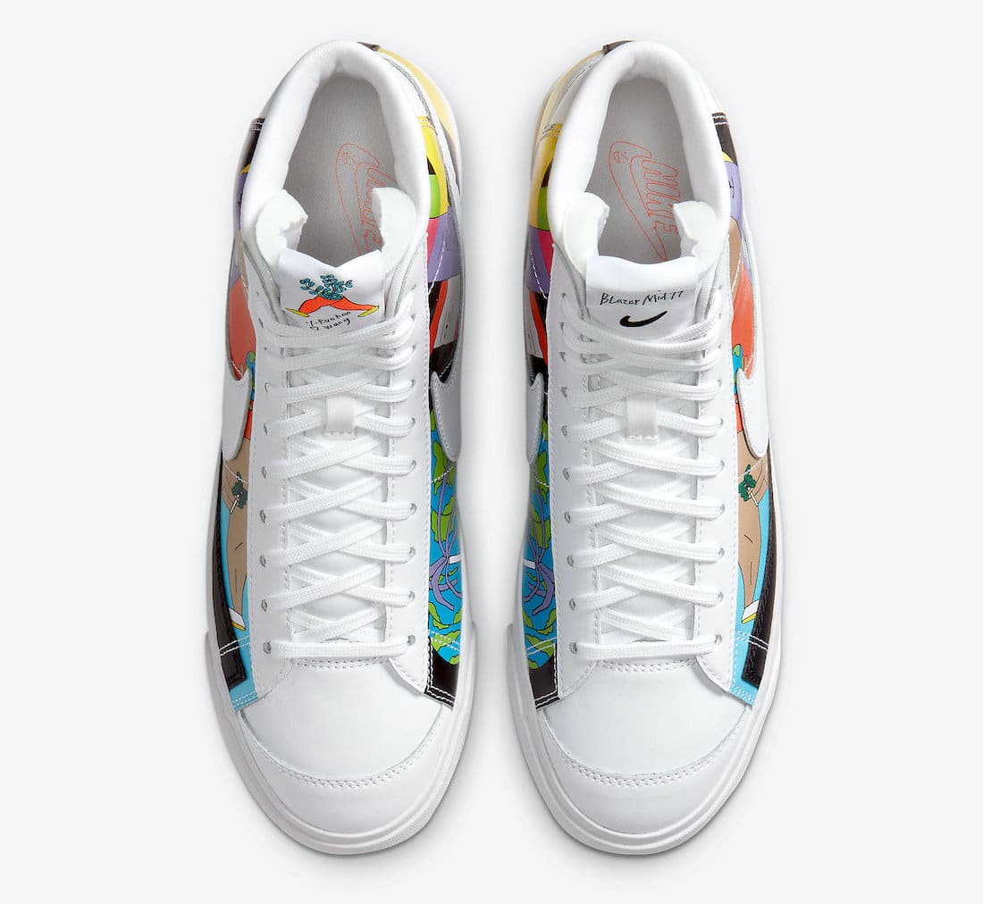 Pánské bílé tenisky Ruohan Wang x Nike Blazer Mid ’77 Flyleather White Multi Color CZ3775-900 kožené a kotníkové boty a obuv