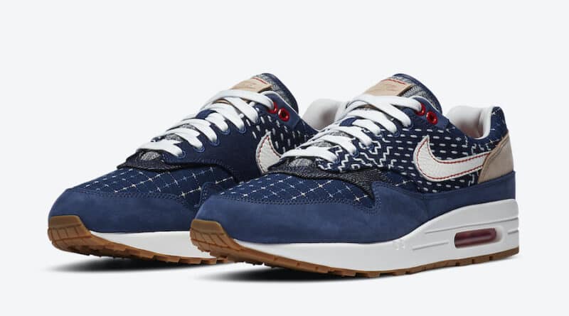 Pánské modré tenisky a boty DENHAM x Nike Air Max 1 Blue Void/Coastal Blue-Vachetta Tan-Sail CW7603-400 nízké botasky a obuv