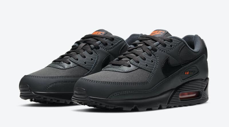 Pánské šedé tenisky a boty Nike Air Max 90 Black Grey Total Orange DC4116-001 nízké sportovní botasky a obuv Nike Air Max