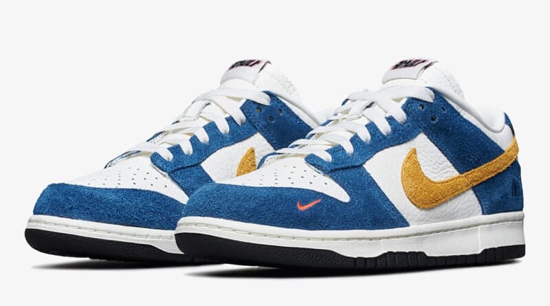 Pánské bílé modré tenisky Kasina x Nike Dunk Low Sail/University Gold-Industrial Blue CZ6501-100 kožené a semišové boty