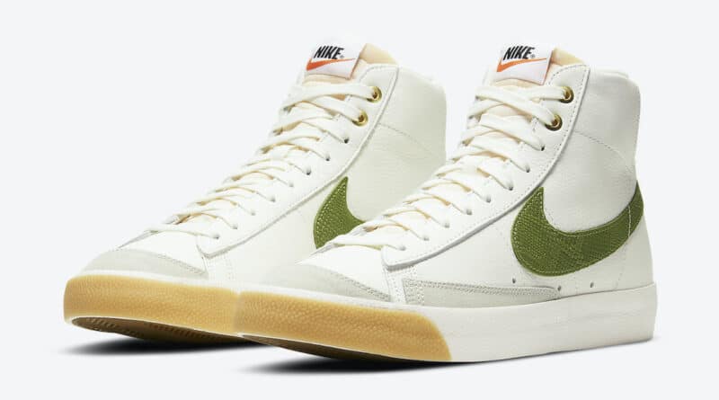 Pánské bílé tenisky Nike Blazer Mid ’77 White/Grey/Gold-Green DC1706-100 kožené a vysoké kotníkové boty a obuv Nike