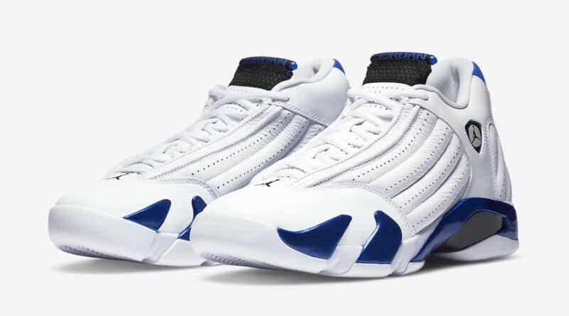 Pánské bílé tenisky Air Jordan 14 White/Hyper Royal-Black 487471-104 kožené a vysoké kotníkové boty a obuv Jordan