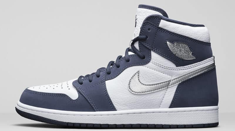 Pánské bílé modré tenisky Air Jordan 1 High OG CO.JP White/Midnight Navy-Metallic Silver DC1788-100 kožené kotníkové boty a obuv Jordan