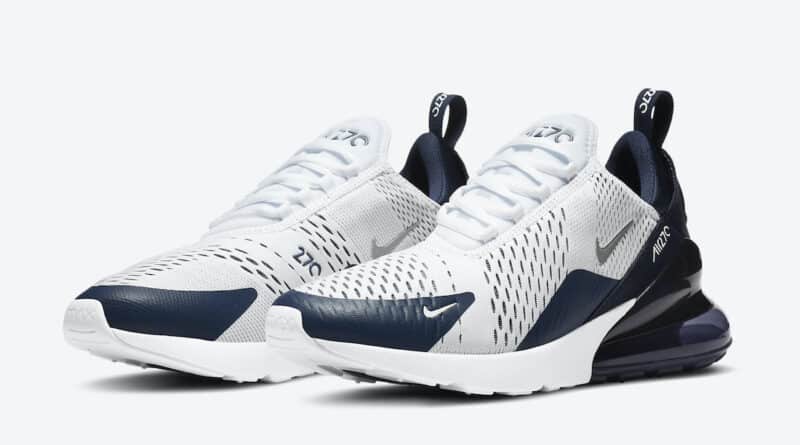 Pánské bílé modré tenisky a boty Nike Air Max 270 White/Midnight Navy-Metallic Silver DH0613-100 nízké botasky a obuv Nike