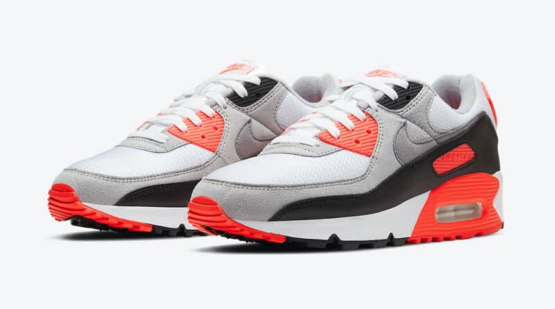 Pánské bílé šedé tenisky a boty Nike Air Max 90 OG Infrared White/Black-Cool Grey-Radiant Red CT1685-100 nízké botasky a obuv Nike