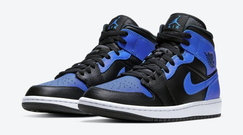 Pánské černé a modré tenisky Air Jordan 1 Mid Black/Hyper Royal-White 554724-077 kožené a vysoké kotníkové boty a obuv Jordan