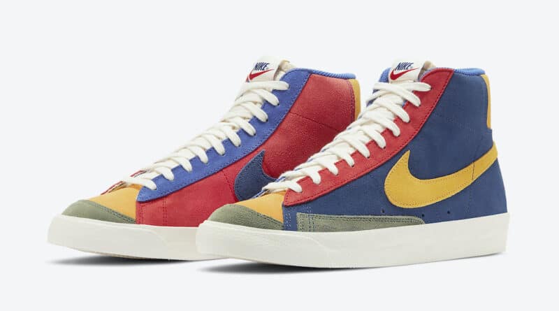 Barevné semišové boty Nike Blazer Mid ’77 Vintage WE Suede Coastal Blue/University Red-Spiral Sage-Sun Halo Yellow DC9179-476