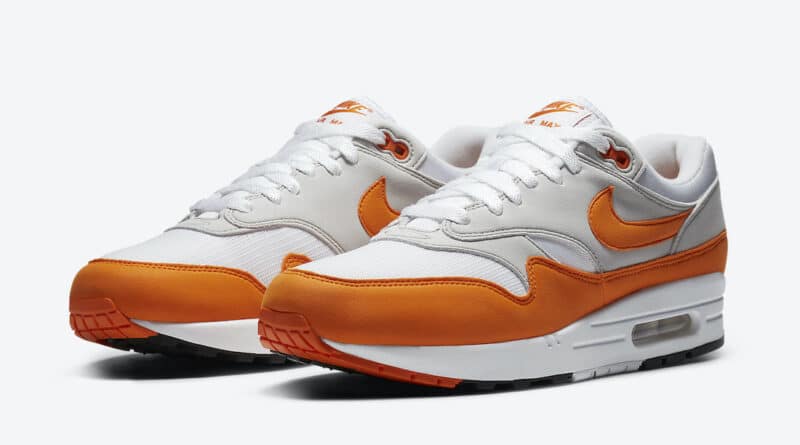 Pánské bílé oranžové tenisky a botasky Nike Air Max 1 White/Magma Orange-Neutral Grey-Black DC1454-101 nízké sportovní boty a obuv Nike