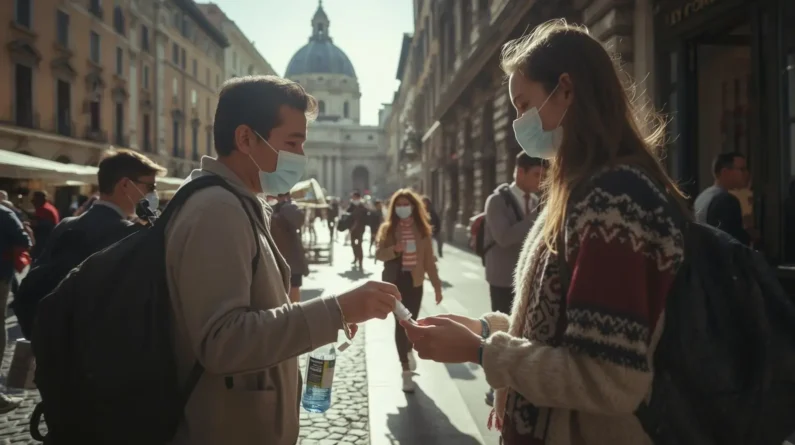 Turisté v Itálii si dezinfikují ruce jako prevence proti noroviru