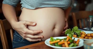 Nadýmání po jídle – žena držící si bolestivé nafouklé břicho u stolu