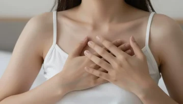 Bušení srdce v klidu - žena si drží hrudník a vnímá zrychlený tep