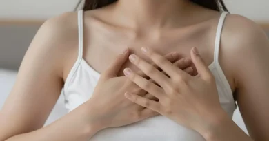 Bušení srdce v klidu - žena si drží hrudník a vnímá zrychlený tep