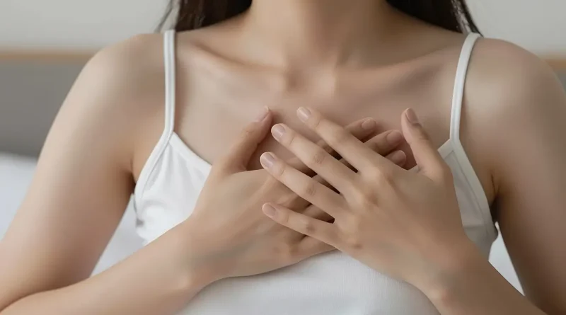 Bušení srdce v klidu - žena si drží hrudník a vnímá zrychlený tep