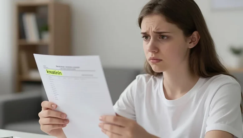 Žena kontroluje výsledky testu moči se zvýšeným kreatininem